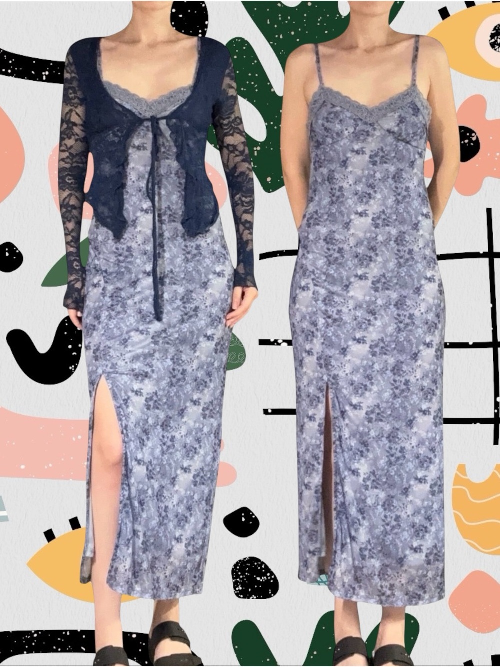 No Boundaries | Blue Floral Mesh Lace Trim Maxi Dress with Slit